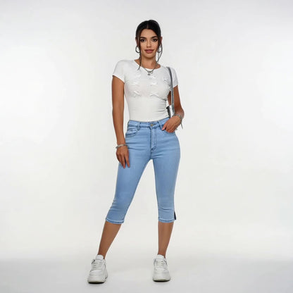 Women's Light Blue Denim Capri Pants High Waisted Skinny Fit Soft Stretch Fabric Comfortable Wear Classic Cropped Jean Capris Casual Summer Style Versatile Daily Outfits Easy Matching Street Look Modern Simple Womens Denim Pants Casual Wear Everyday