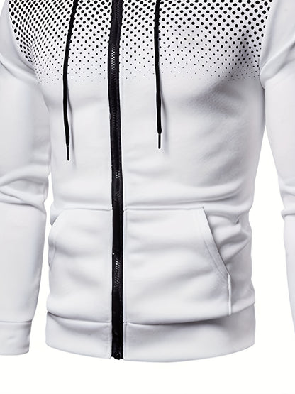 Men's Polka Dot Printed Hooded Jacket, Hooded Jacket with Zippers and Pockets, Men's Winter and Autumn Casual and Sporty Fashion