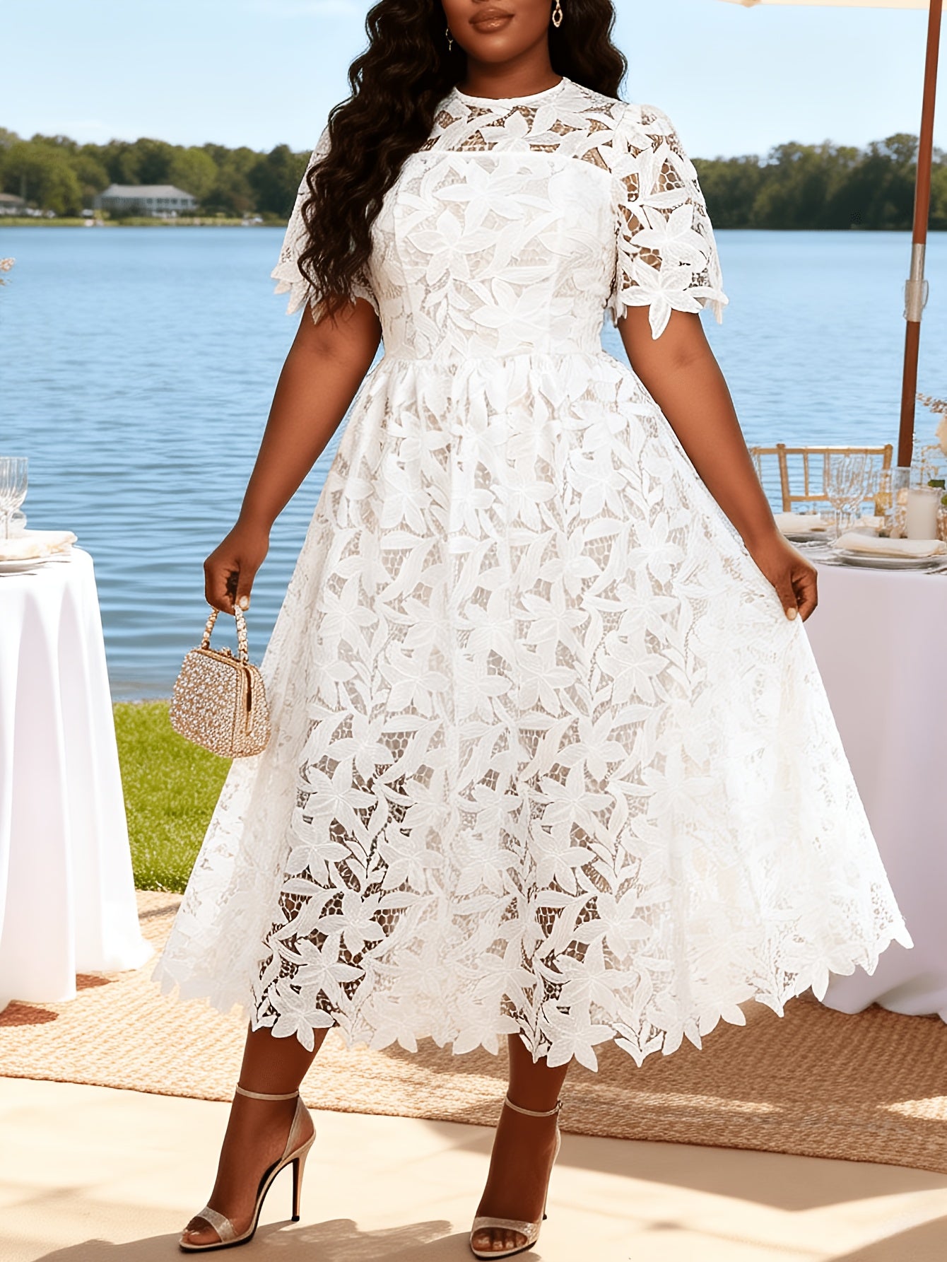 Plus Size - Plus Size - Plus Size Round Neck Lace Dress, Elegant Midi Length with Waist Definition, Formal Banquet And Evening Gown