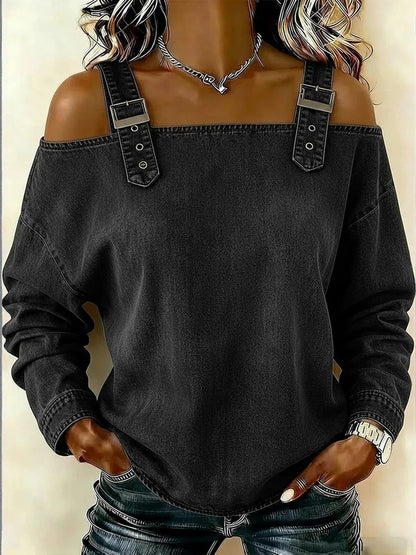 Women's Dress T-shirt with Elegant Style and Versatile Fit, Single-strap Collar, Shoulder Straps, Long-sleeved Top. Fashionable and Elegant for Women, Trendy.
