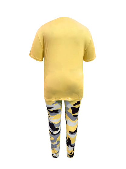 Plus Size - LADIES' Plus Size Daily Fashion Casual Set: Letter Print Crew Neck Short Sleeve T-shirt + Camouflage Long Pants With Pockets