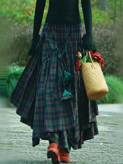 Victorian Gothic Handmade Fringe Plaid Skirt 2025 | Asymmetric Ruffle High-Waist Beach Skirt | Elastic Waist Multi-Layer Vacation Dress | Spring Summer Sweet Style Ladies Gift