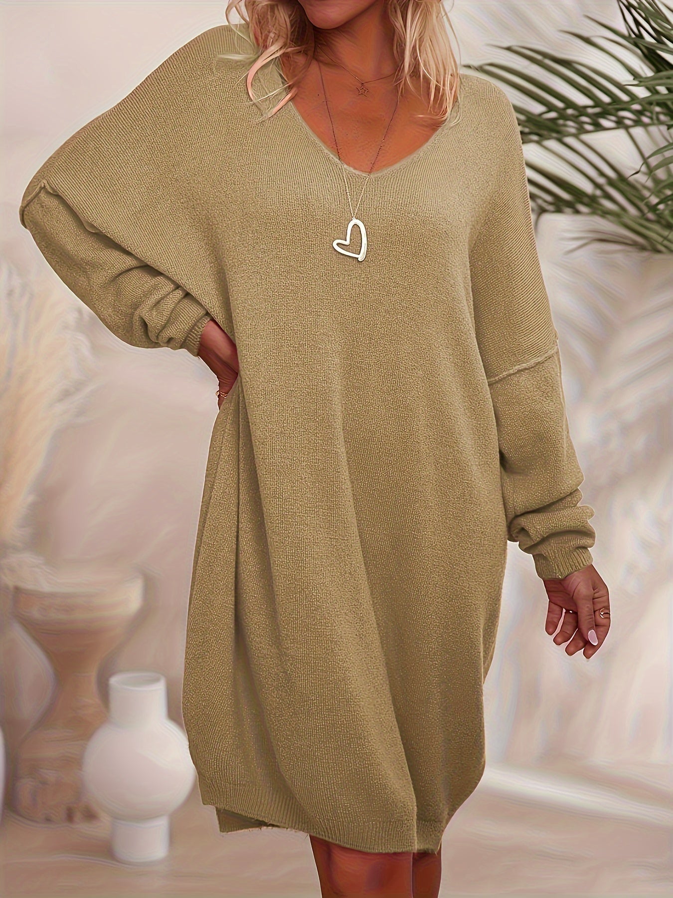 Plus Size - Plus Size - Casual V-Neck Dress, Women'S Plus Size Casual V-Neck Sweater Dress, Long Sleeve Loose Shoulder, Solid Color, Autumn And Winter