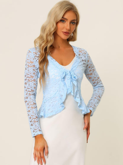 Women's Sheer Crop Bolero Cardigan - Semi-Sheer Lace Shrug with Ruffled Hem & Tie-Front Closure, Blouse for Sleeveless Dresses/Tank Tops (Machine Washable, Spring/Summer Wedding/Office/Cardigan) - 90% Nylon/10% Spandex