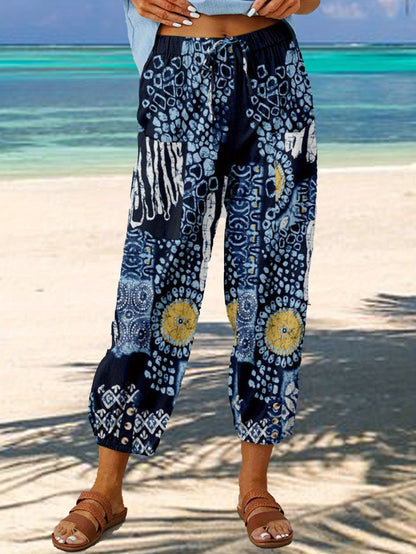 FOEIERAA 3pcs Women's High Waist Jogger Pants, Elastic Waist Retro Print, Loose Comfortable Casual Trousers for Outdoor Commute