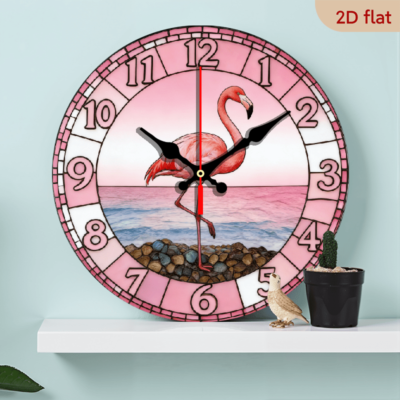 Nursery Wall Clock Pink Flamingo on Sunset Beach in Stained Glass Design for Tropical Home, Poolside, Bedroom Silent Non-Ticking Movement, Boho Coastal Decor, 10inch Nursery Decor Wood Clock, (Batteries Not Included), 2D Flat, 1pc, 2D Flat