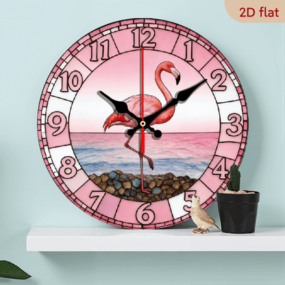 Nursery Wall Clock Pink Flamingo on Sunset Beach in Stained Glass Design for Tropical Home, Poolside, Bedroom Silent Non-Ticking Movement, Boho Coastal Decor, 10inch Nursery Decor Wood Clock, (Batteries Not Included), 2D Flat, 1pc, 2D Flat