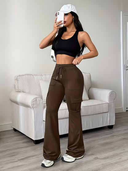 Women'S Functional Flare Cargo Pants, High Waist Elastic Drawstring Bootcut Leggings With Multi-Pockets, Stretchy All-Purpose & Casual Pants