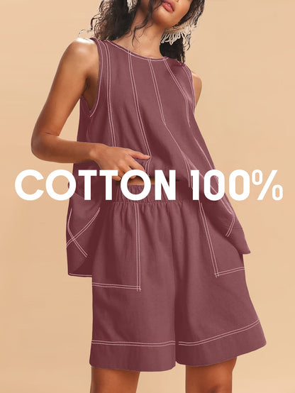 Womens 2pcs Outfits Sleeveless Matching Sets A Line Tank Tops Contrast Stitching High Waist Shorts with Pockets