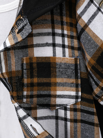 2pcs, Children's Short-sleeved Plaid Shirt Shorts Hooded Top Cardigan Fashion Casual Children's Shorts Set, Perfect for Outdoor