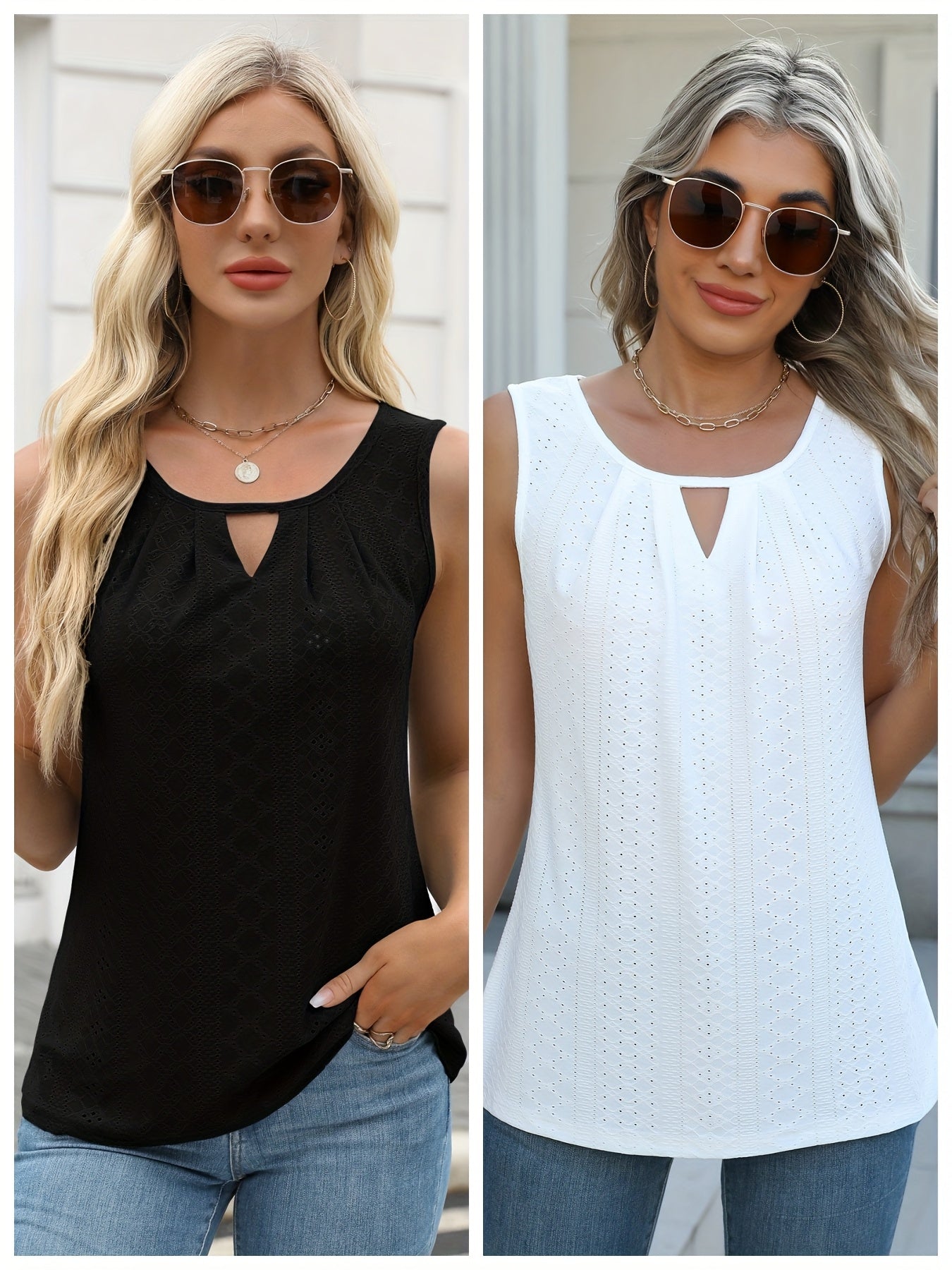 Women's Two-Piece Summer Tank Top Set - Sleeveless Eyelet Embroidery, Loose Fit, Business Casual Tops for Work & Everyday Wear[Women's Two-Piece Summer Tank