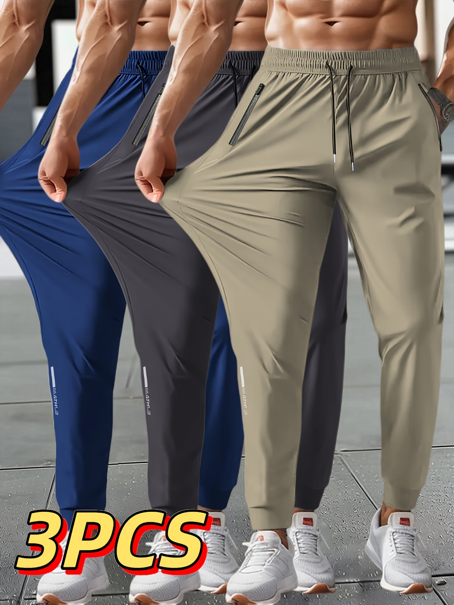 3pcs Men's Summer Solid Color Tapered Sports Pants, High Stretch Fiber, with Ribbed CuffDesign, Nylon 80%Spandex 20%, Reflective Stripe Design At The Hem Of Pants, Regular Fit with ZipperPockets, Breathable ComfortableRunningTraining LongTrousers