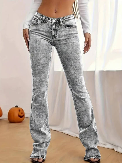 2026 NEW [Long Length Skinny Flare Jeans] Women'S Casual Skinny Flare Jeans, Long Length, Low Waist, Button Fly, Medium Stretch, All Seasons, Solid Color