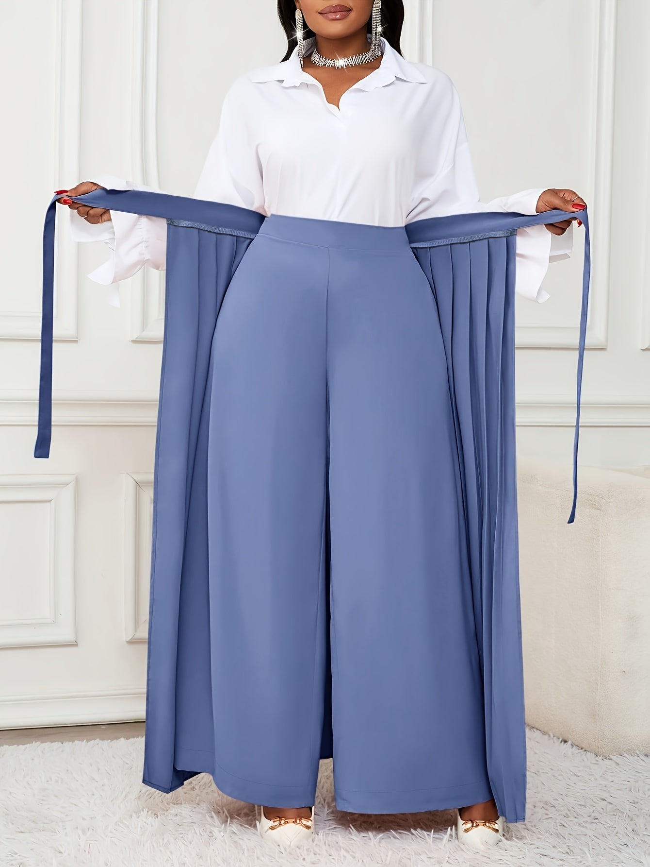 Plus Size - Plus-size Women'S Pants With Elegant Pleats, Removable Design, Two-way Wear, Straight-leg Style, Retro Chic, Casual, Suitable For All Seasons Throughout The Year.