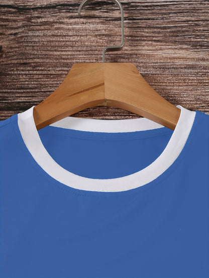 Short-Sleeved T-Shirt with Contrast Trim, a Casual Crew Neck Top Suitable for Spring And Summer, Designed for Women