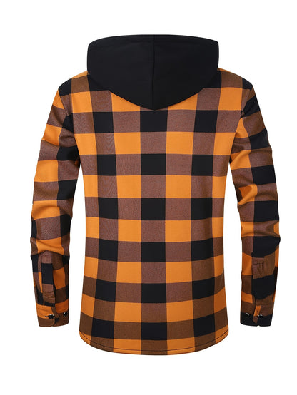 2025 New Men'S Checked Hooded Coat - Comfortable Fleece-Lined, Thick Casual Long Sleeve Top with Pockets, Black And Green Check Design, Ideal for Autumn/Winter, Suitable for Casual Or Professional Attire