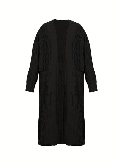 Plus Size, Large Size Twisted Flower Long Cardigan with Large Pockets, Loose Sweater Jacket for Autumn and Winter Fashion, Over the Knee for Outerwear