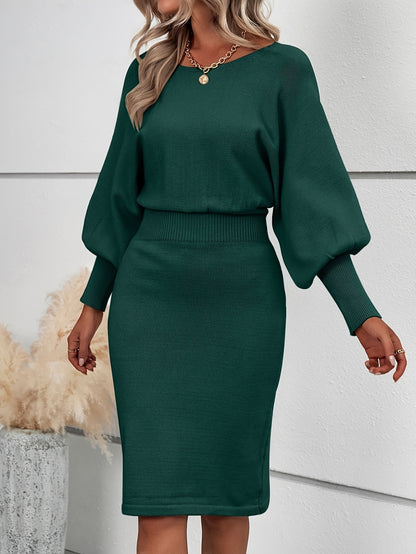 Autumn And Winter Solid Color Lantern Sleeve Waist Sweater Dress