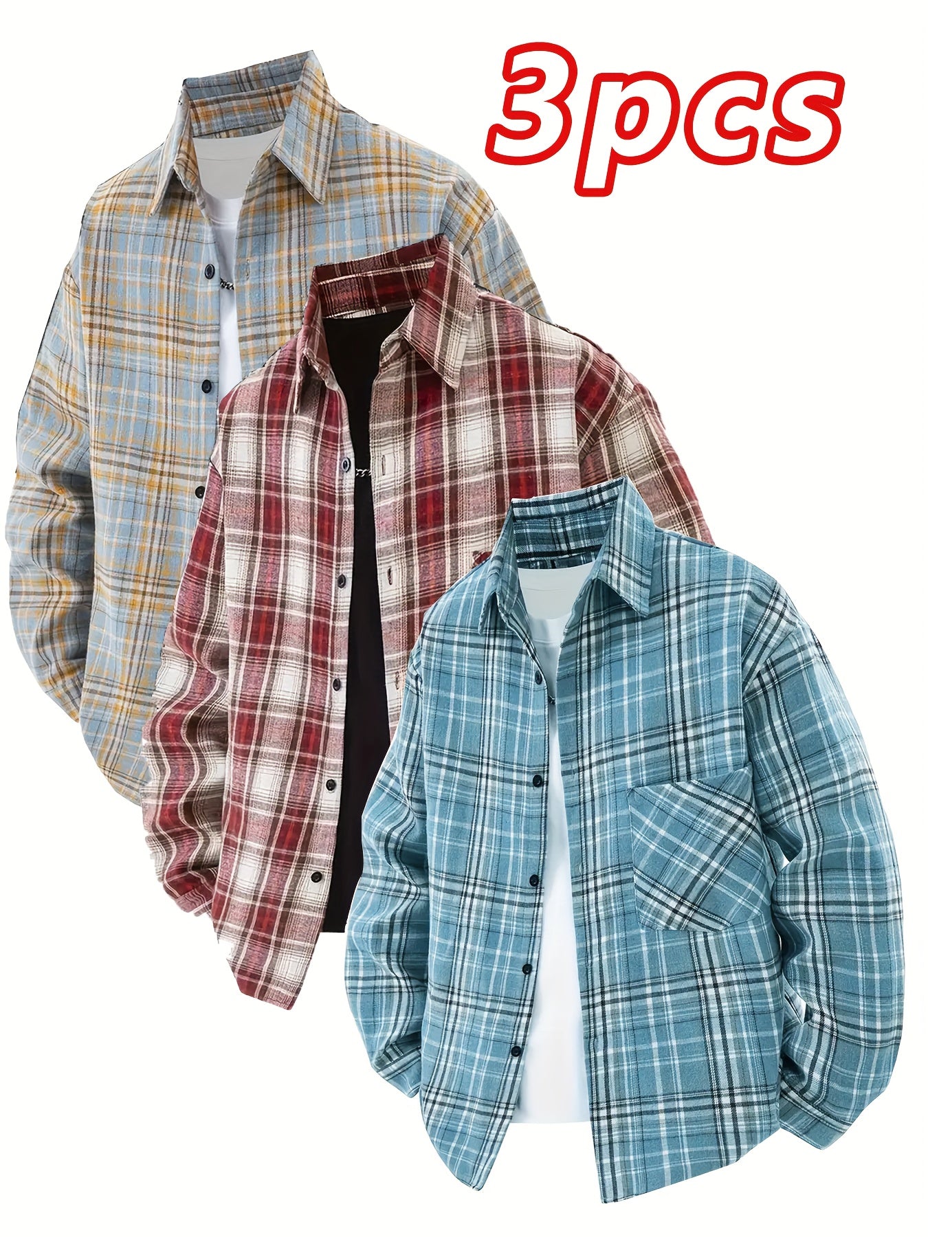 (3pcs) Unisex European And American Vintage Casual Shirt, Featuring A Checkered Pattern And A Fashionable, Minimalist Design with A Lapel Shirt Style That Can Be Worn All Year Round. The Loose And Comfortable Fit Meets Diverse Needs