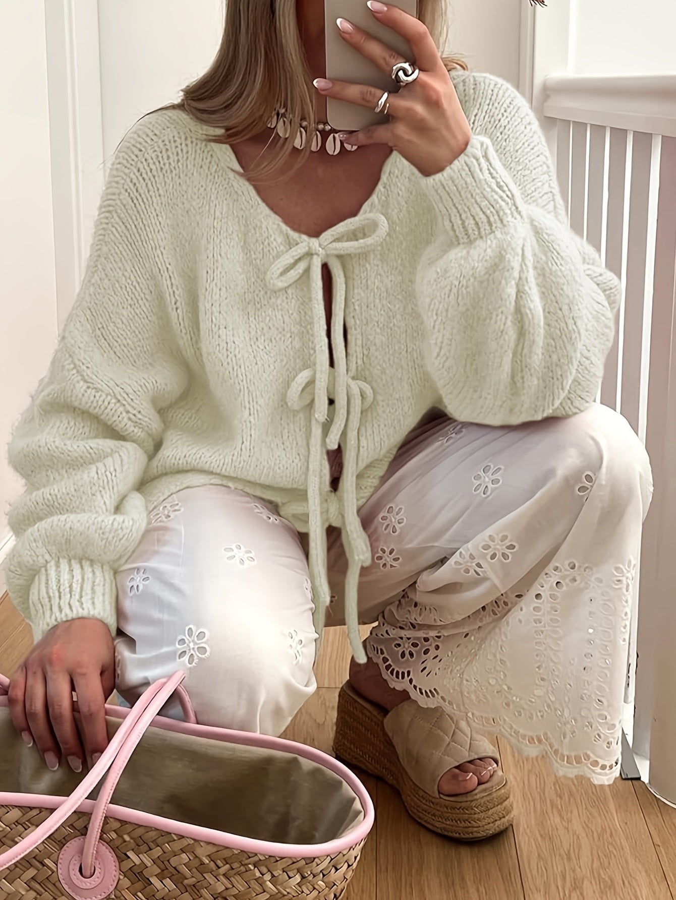 Women'S Oversized Bowtie Sweater Cardigan with Y2K Vibe Long Sleeves V Neck Open Front Casual Wear