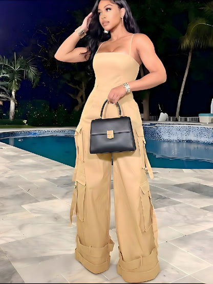 Teenager'S Jumpsuit - Teenager'S Long Wide-leg Utility Jumpsuit, High-waist With Multiple Pockets, Casual Summer Clothing, Street Fashion Camisole Backless Long Jumpsuit, for Outdoor, For Teenager