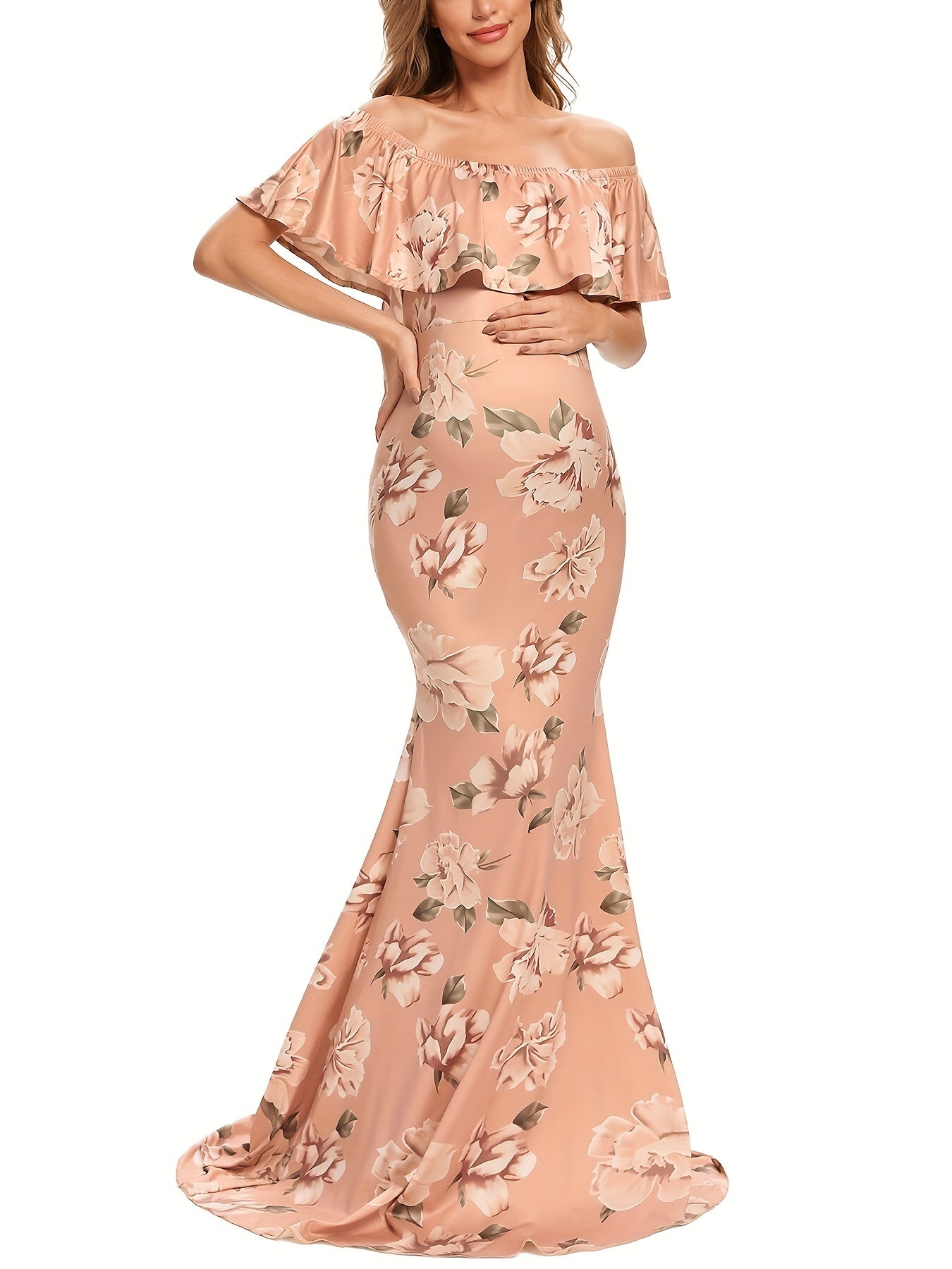 Womens Off Shoulder Maternity Dress Ruffles Elegant Slim Gowns Fit Maxi Photography Dress