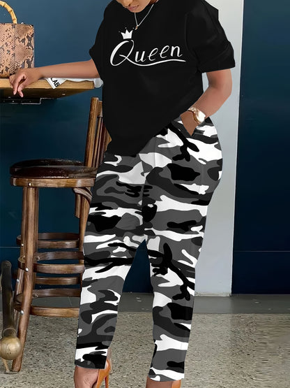 Plus Size - LADIES' Plus Size Daily Fashion Casual Set: Letter Print Crew Neck Short Sleeve T-shirt + Camouflage Long Pants With Pockets