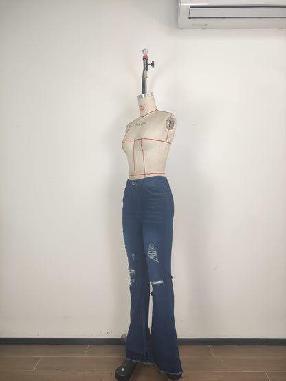High-Waisted Bootcut Jeans for Women - Classic Blue Stretchy Jeans with a Sexy Distressed Design
