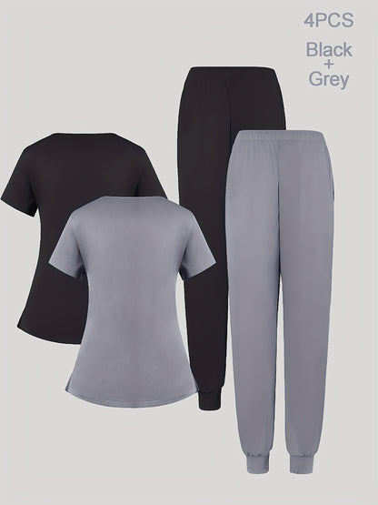 4pcs Set for Women's V-neck Matte Breathable Sports Uniform Pocket Hand Washing Work Clothes Brush Hand Clothes Tying Feet Pants Set