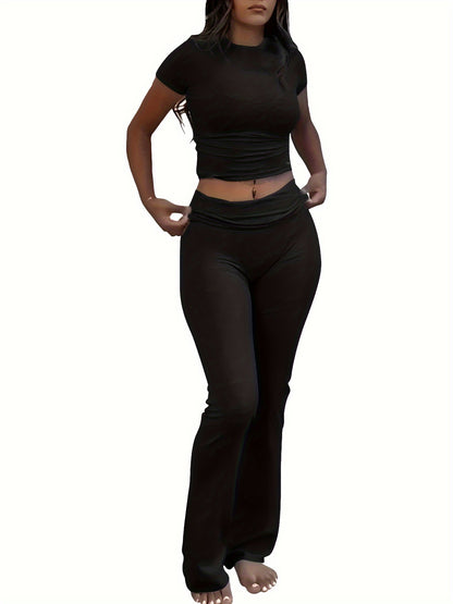 Casual Solid Color Slim Two-piece Pants Set, Short Sleeve Crew Neck T-shirt & Skinny Flared Leg Pants Outfits, Women'S Clothing