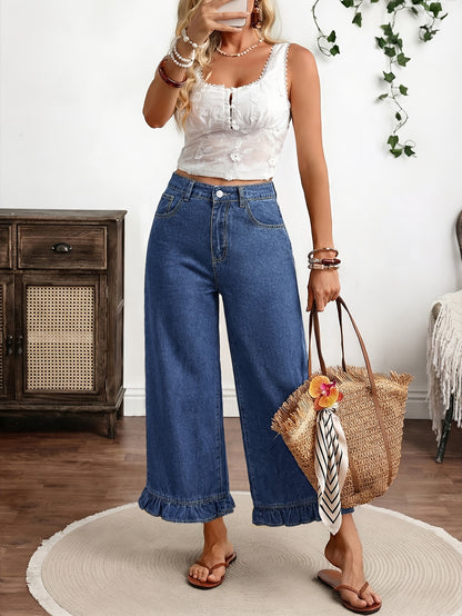 Women's Capri Pants, Long-length Denim Jeans with an Elastic Waistband, Ruffled Hems, Loose and Comfortable Fit, Solid Blue Color, High-waisted Straight-leg Style, with Pockets, Elegant, Mature, Fashionable, Casual, and Versatile, Suitable for Spring
