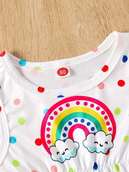 3pcs Cartoon Print Sleeveless Triangle Romper Suit + Headband for Girls, All-season, Polyester Knit Fabric, Regular Fit, Basic Style, for Outdoor, Perfect for Outdoor