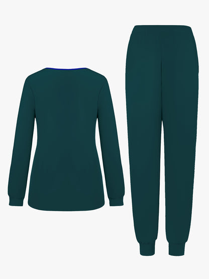 2pcs Women's V-Neck Matte Suit with Long Sleeve Stretch S Uniform Work Clothes Washable Pockets Breathable Elastic Top And Waist Cord Pocket Pants Set