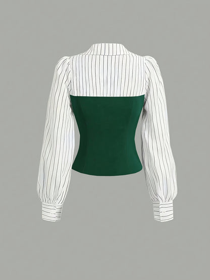 2pcss Women'S Thin Striped Patchwork Elegant Casual 2pcs Set, Long Sleeve Top And Pants