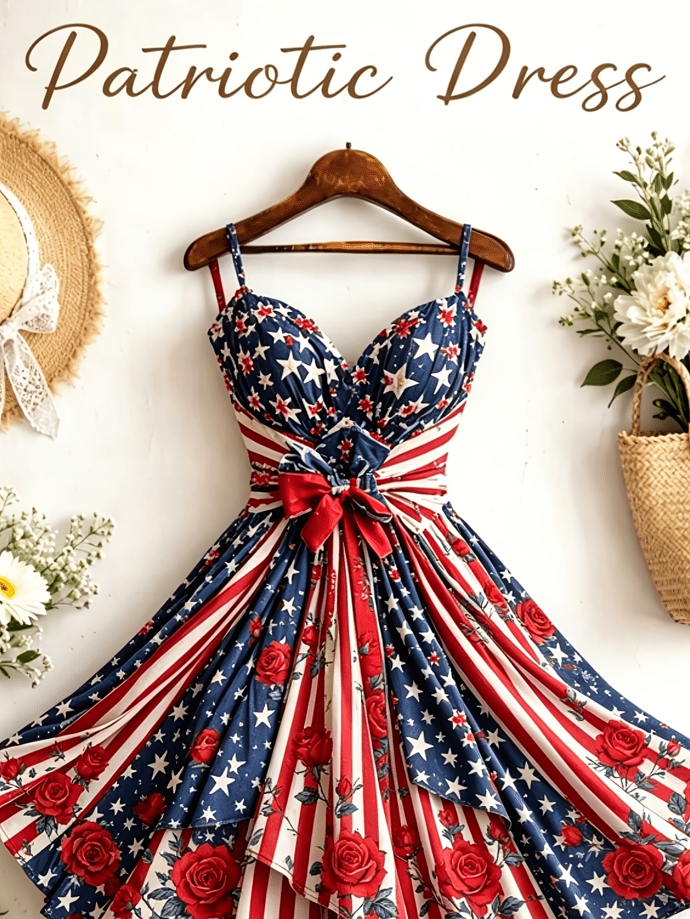 [Independence Day Style] Women's Retro Independence Day Style Camisole V-Neck Padded A-Line Waist Belted Fashion Dress