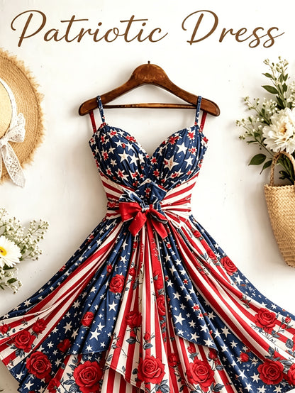 [Independence Day Style] Women's Retro Independence Day Style Camisole V-Neck Padded A-Line Waist Belted Fashion Dress