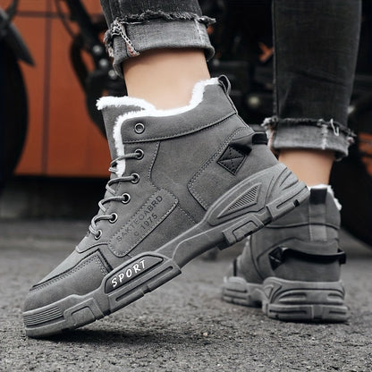Men's Warm Snow Boots - Winter Mountaineering Boots with Velvet, Soft PVC Bottom, Anti Slip And Wear Resistant PU Fabric Outdoor Activity Shoes (Yellow, Grey, Black, Lace Design), Mid Length, Sturdy Structure, Suitable for Cold Weather, Vibrant Life