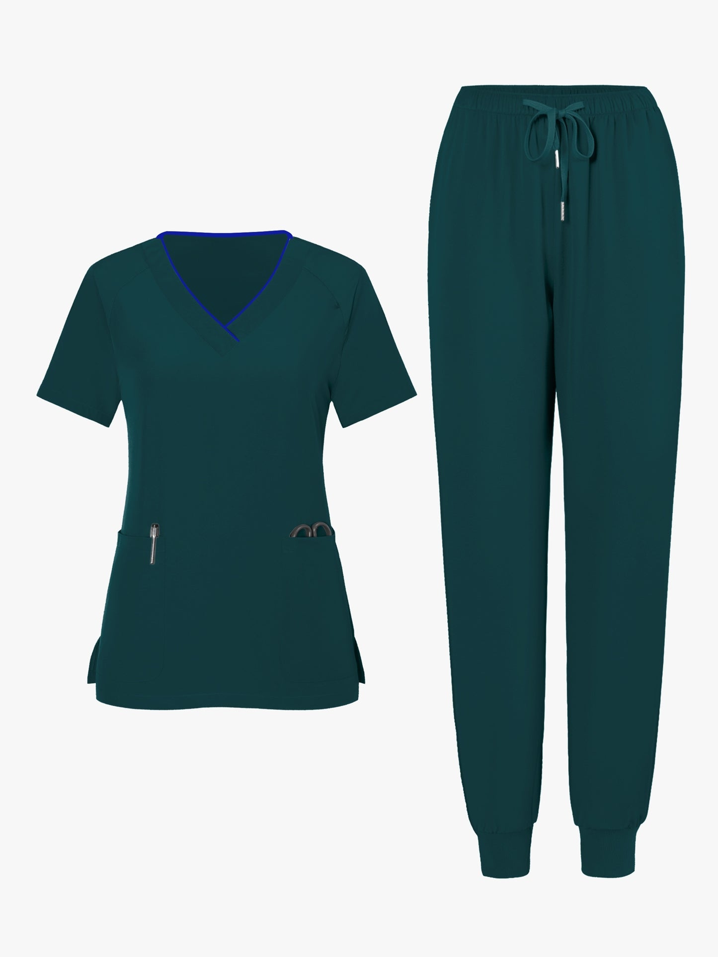 2pcs Set Of Top And Pants, Women's V-neck Frosted Breathable Pocket S Uniform, Brushed Hand Clothes, Work Clothes, Hand Washing Clothes, Pocket Clothes, Leg Binding Pants Set