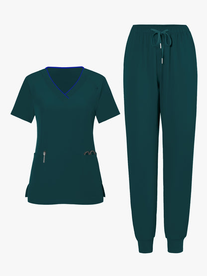 2pcs Set Of Top And Pants, Women's V-neck Frosted Breathable Pocket S Uniform, Brushed Hand Clothes, Work Clothes, Hand Washing Clothes, Pocket Clothes, Leg Binding Pants Set