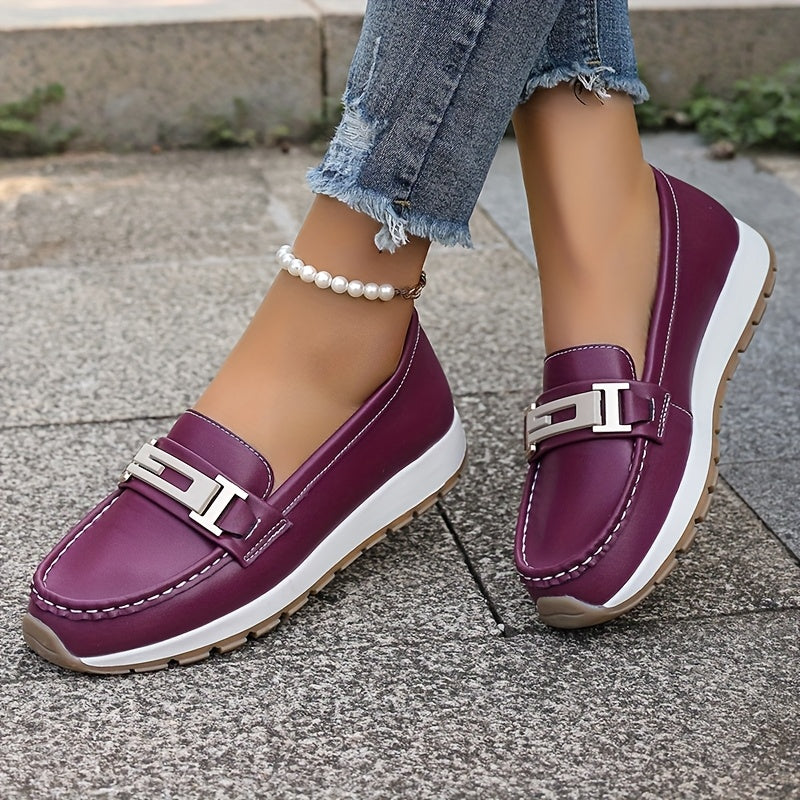 Women's Lightweight Slip-On Flats with Metallic Buckle Accents - Casual Faux Cover Shoes for Autumn, Multi-Color Options (Black, White, Green, Purple, Brown, Blue), Cute Shoes, Simple Toe Design, Women Shoes