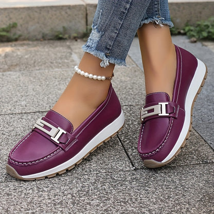 Women's Lightweight Slip-On Flats with Metallic Buckle Accents - Casual Faux Cover Shoes for Autumn, Multi-Color Options (Black, White, Green, Purple, Brown, Blue), Cute Shoes, Simple Toe Design, Women Shoes