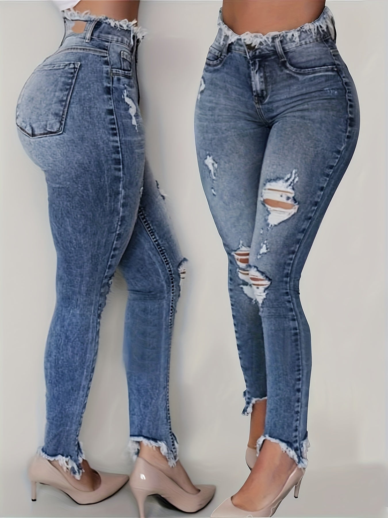 Irregularly Ripped Jeans for Women, Mid-Rise Style, Blue Denim, Featuring a Frayed Edge Design. A Classic And Versatile Choice for Any Season, Part of The New Autumn Collection with Fresh Stock from Local Warehouses. Available at Prices