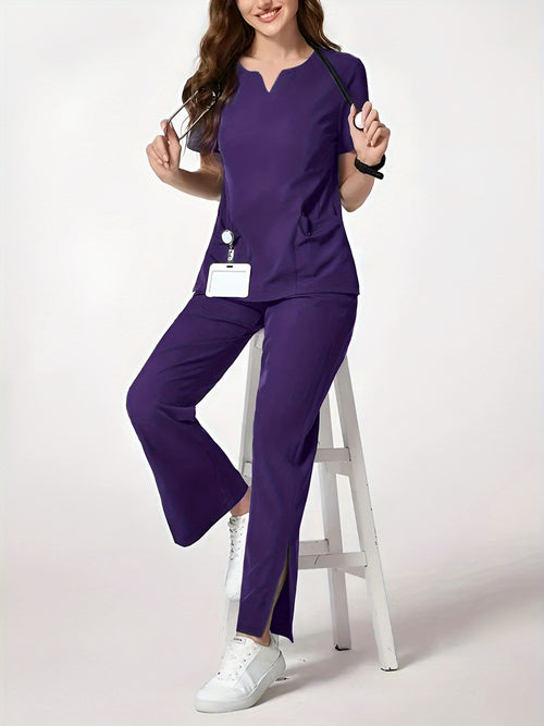 Two-Piece Easy And Comfortable Breathable Brushing Gloves Set for Work Uniforms, V-Neck Short-Sleeved Front-Pocket Comfortable Top And Slit Straight-Leg Trousers, All-Season Wear, Perfect for Healthcare, Dental, And Pet Hospital Professionals