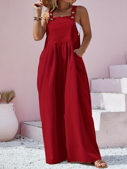 Plus Size - Plus Size - Curve Casual Women'S Spring And Summer Button Back Tie One-Piece Pants - Back Tie Button Design, Thin Thickness, Loose Fit - Spring And Summer Plus Size Women'S Vacation Jumpsuits