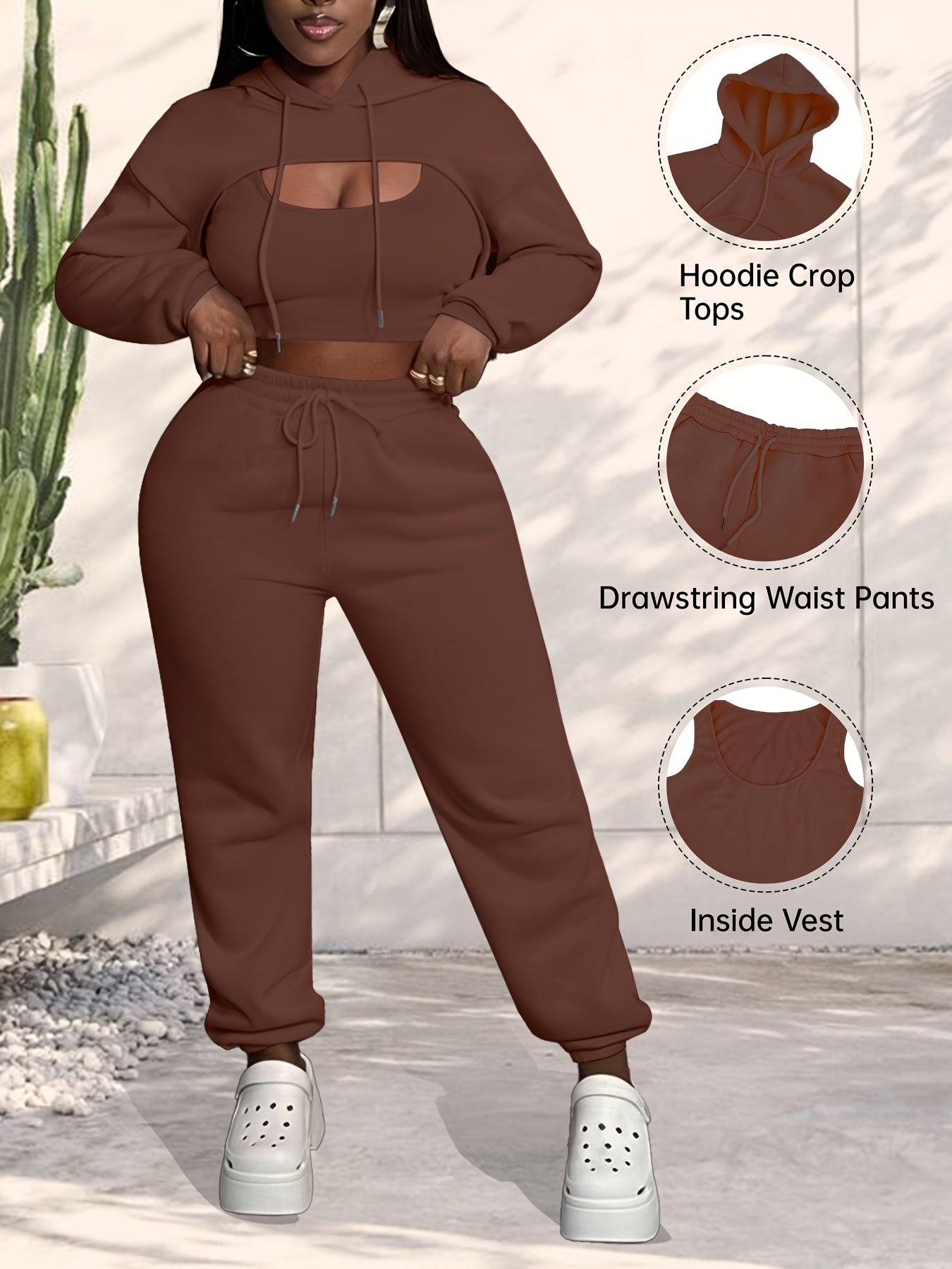 Women'S 3pcs Sweatsuits Sets Sexy Super Cropped Hoodie Tank Top And High Waisted Jogger Sweatpants Matching Loungewear Athleisure Outfits
