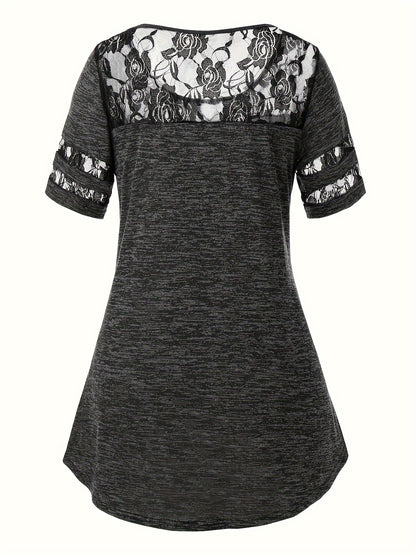 Plus Size - Plus Size - Women'S Plus Size Lace Trim Blouse Tops, Flattering V-Neck Tunic Shirt, Casual Dressy Elegant Tops, Flowy Tunic Top with Lace Sleeves, Comfort Stretch Blouse for Women, Loose Fit Shirt, Sizes XL-5X