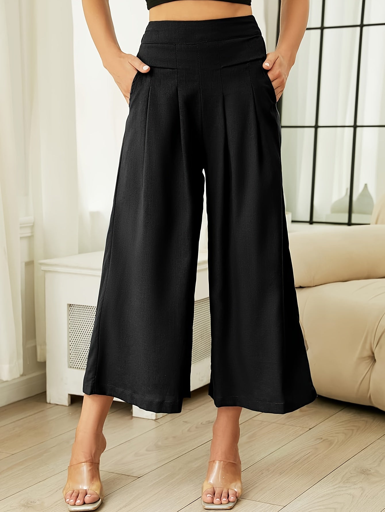 Women' Boho Linen Palazzo Wide Leg Pants - Elastic Capri Trousers with, 7/8 Length Culottes Suitable for Spring Summer Fall, Casual Solid Color Elastic Pants for Outfits & Casual Attire