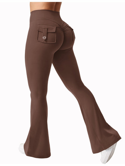 FOEIERAA 1pc Fashion Workwear Style Flare Pants, Women's Casual Flare Pants, High-Waist Pocket Joggers, Workwear Style Peach Butt Yoga Pants, Quick-Dry Tummy Control Butt Lifting Sexy Long Pants, Flare Leggings
