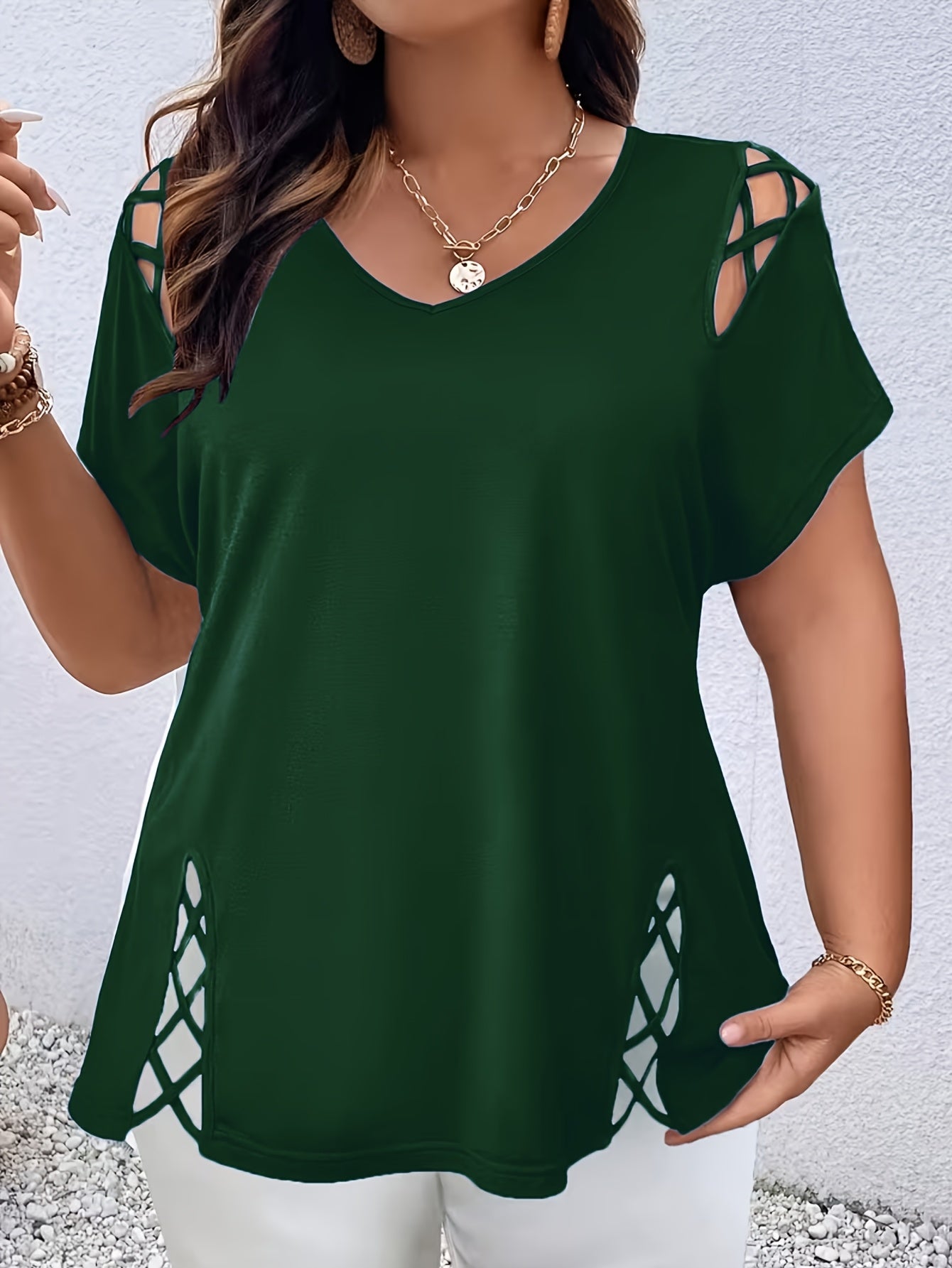Plus Size Women'S Loose-Fitting Short-Sleeve V-Neck Tee - Stylish V-Neck Style Featuring Open Cross Elements. Perfect for Both Casual And Formal Settings During Spring And Summer, Making It Great for Everyday Wear And Special Events