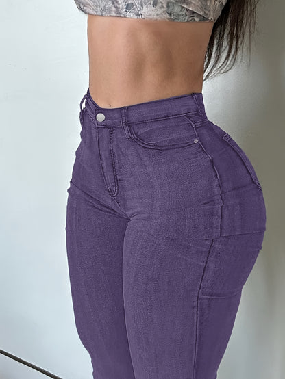 Women'S High Stretch Flare Zipper Jeans - Solid Color Street Style with Pockets, Four Seasons Comfortable Machine Washable Fabric, Functional Fashion Design, Comfortable Fit